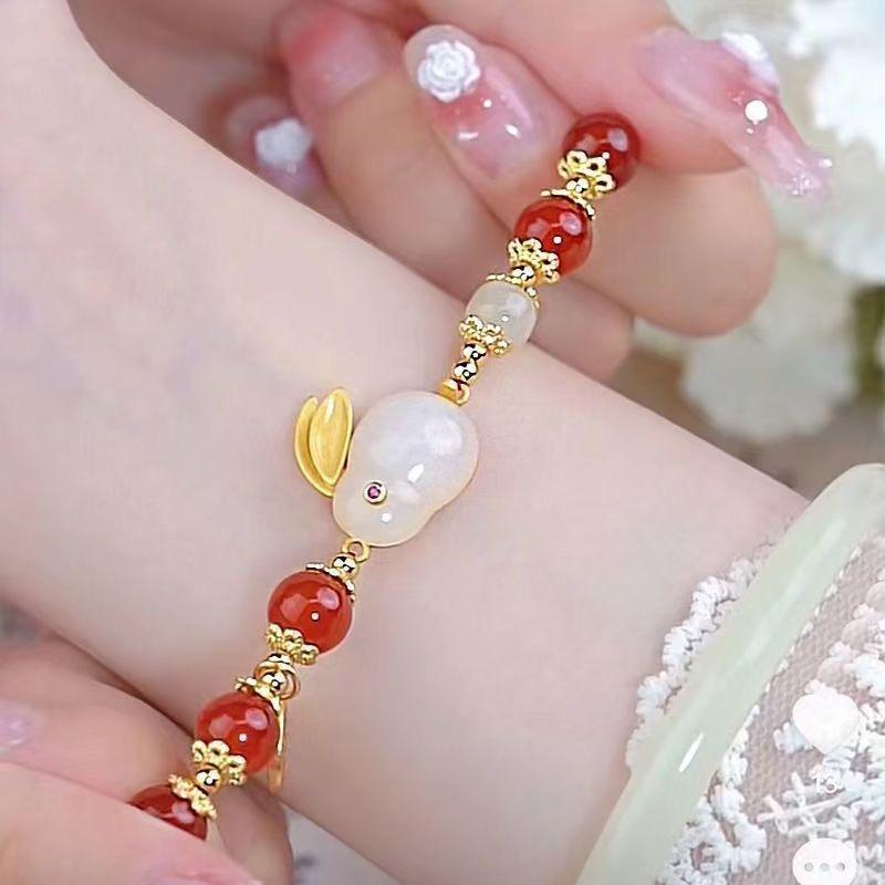 Vòng tay ZenO chuỗi ngọc thỏ , lắc tay nữ ngọc đỏ may mắn Tết 2023