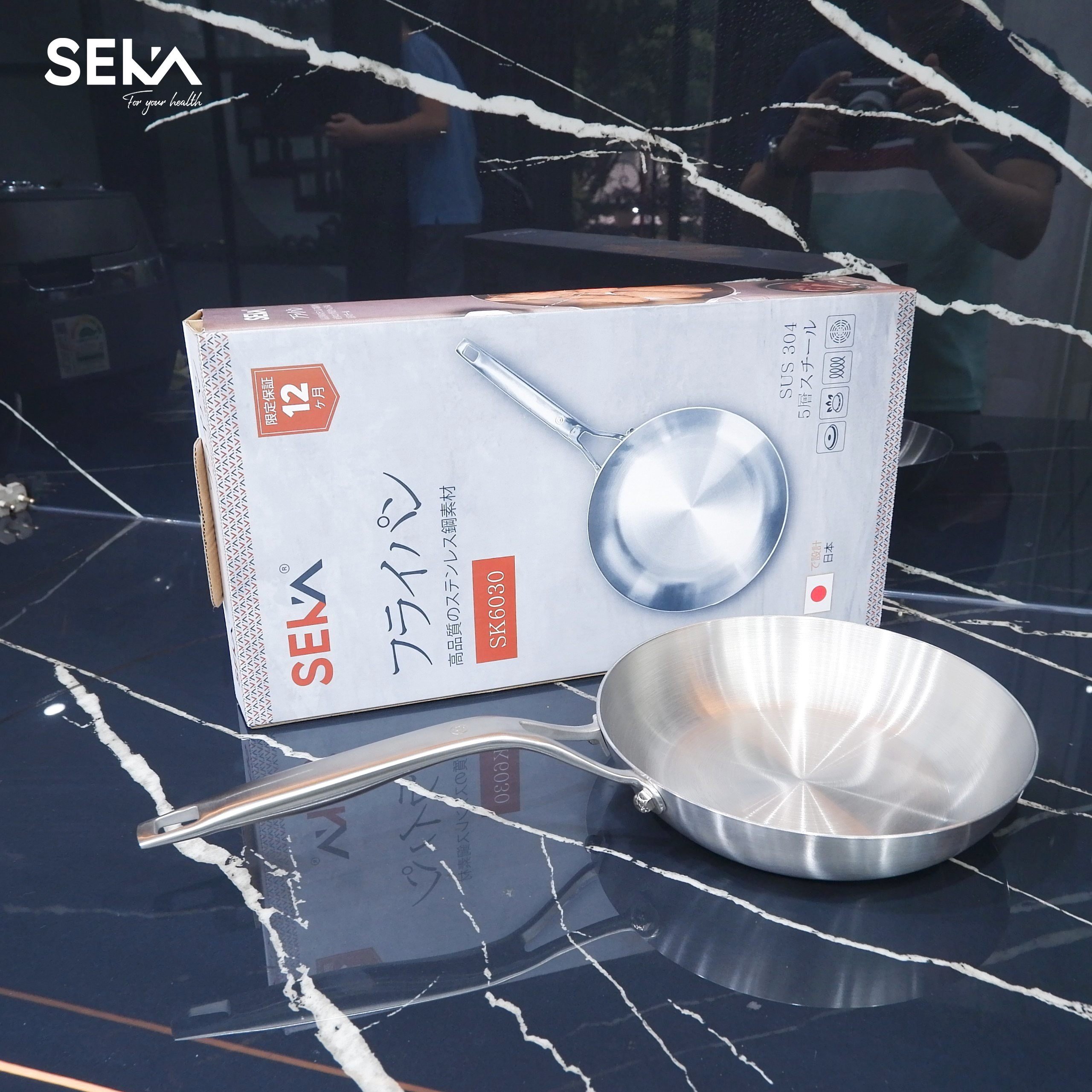Chảo Inox SEKA Cạn Lòng SK6030 - 5 Lớp Nguyên Khối Chống Dính Size 26cm, 22cm, 16cm Dùng Cho Mọi Loại Bếp - Hàng Chính Hãng