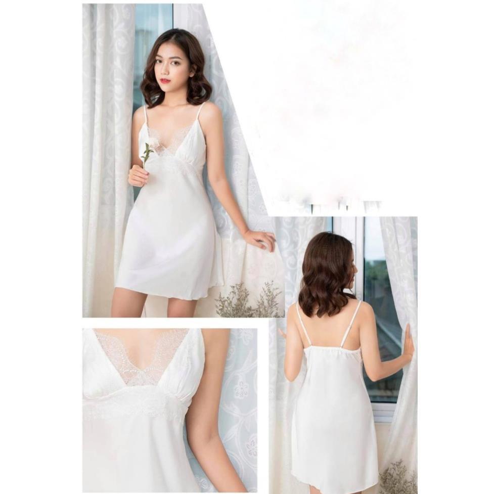 Váy ngủ hai dây lụa satin sexy có mút ngực cao cấp Đầm mặc nhà gợi cảm quyến rũ *