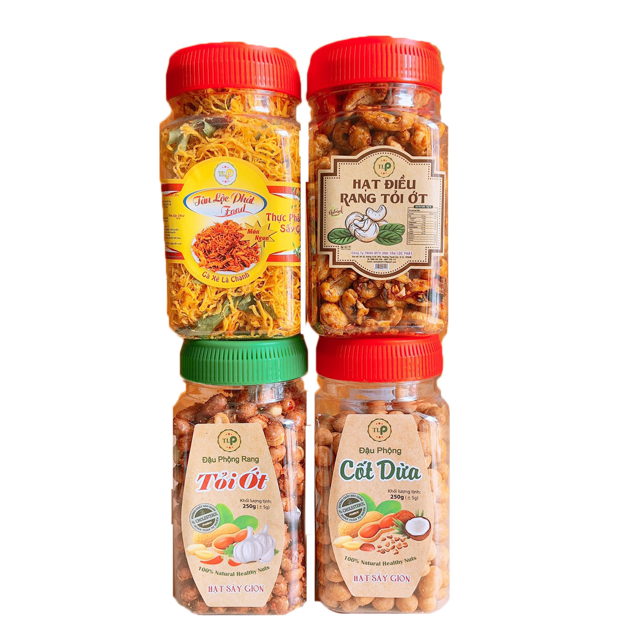 HẠT ĐIỀU TỎI 250G - ĐẬU PHỘNG TỎI 250G - ĐẬU DA CÁ 250G - KHÔ GÀ LÁ CHANH 150G TLP