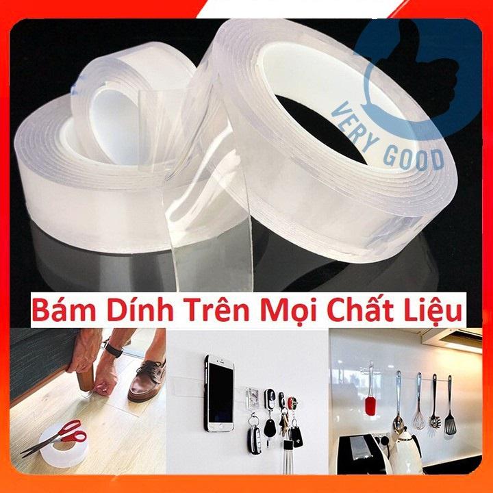 Băng dính 2 hai mặt keo trắng đa năng trong suốt 5m dày siêu dính, siêu chắc