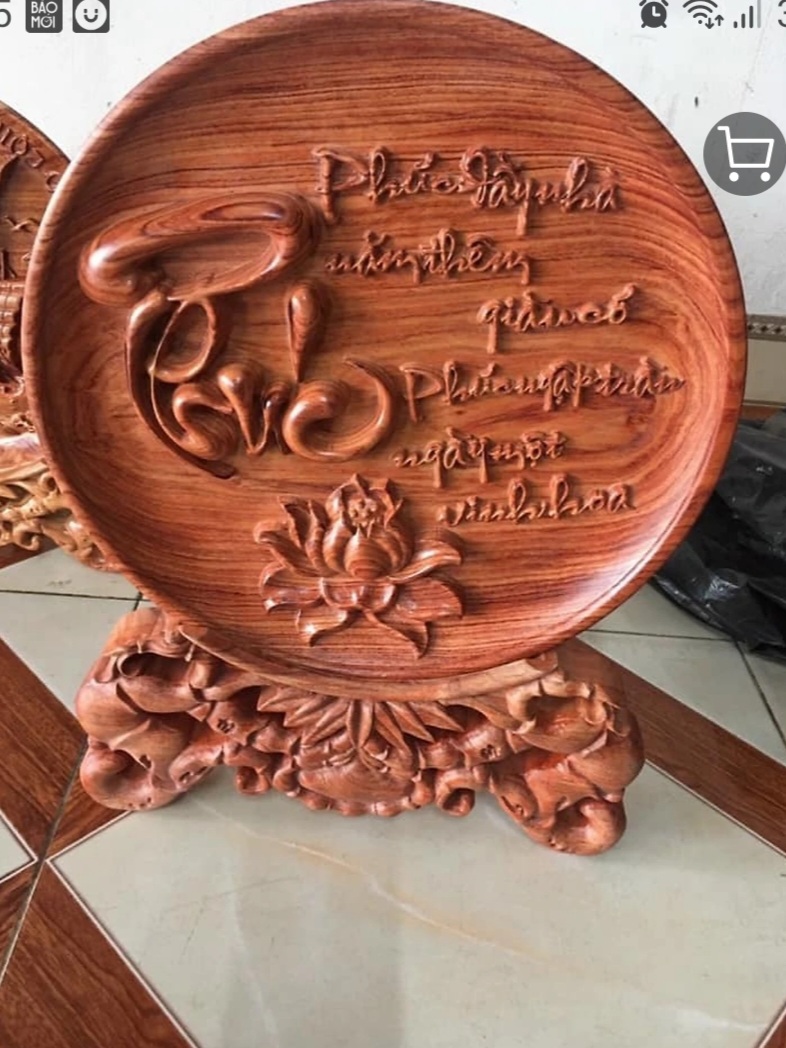 Đĩa  trạm khắc chữ phúc phong thùy trang trí phòng khách bằng gỗ hương đá  kt mặt rộng 40×4cm
