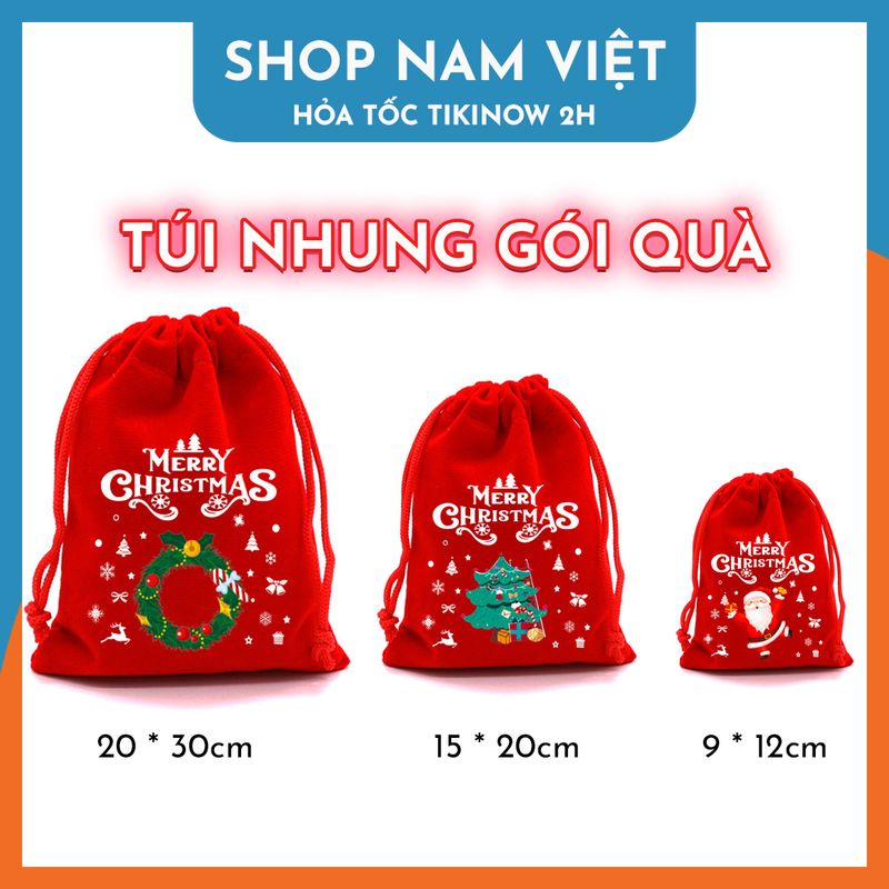 Túi Nhung Dây Rút Gói Quà Họa Tiết Giáng Sinh