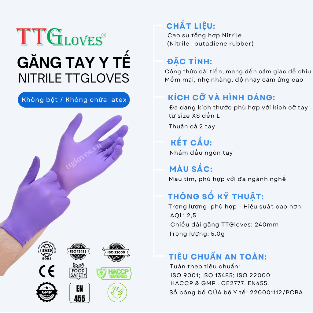 Găng Tay Y Tế, Găng Tay Cao Su Y Tế Không Bột Nitrile TTGLOVES cao cấp Màu Tím 5.0g 100 Chiếc (SIZE M)