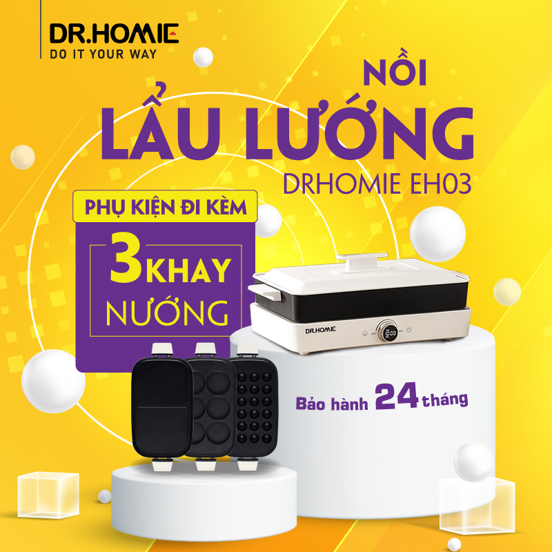 [Hàng Chính Hãng] Nồi Lẩu Nướng Đa Năng 2 Trong 1 DrHomie EH03 - Tiện Lợi Với Dung Tích và Công Suất Lớn