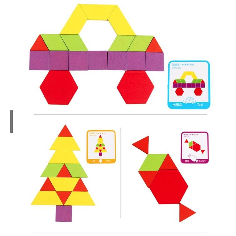 Bộ Xếp Hình Sáng Tạo Pattern Block 130 Chi Tiết Cho Bé Đồ Chơi Gỗ, Giáo Cụ Montessori, Dành Cho Bé Từ 3 Tuổi