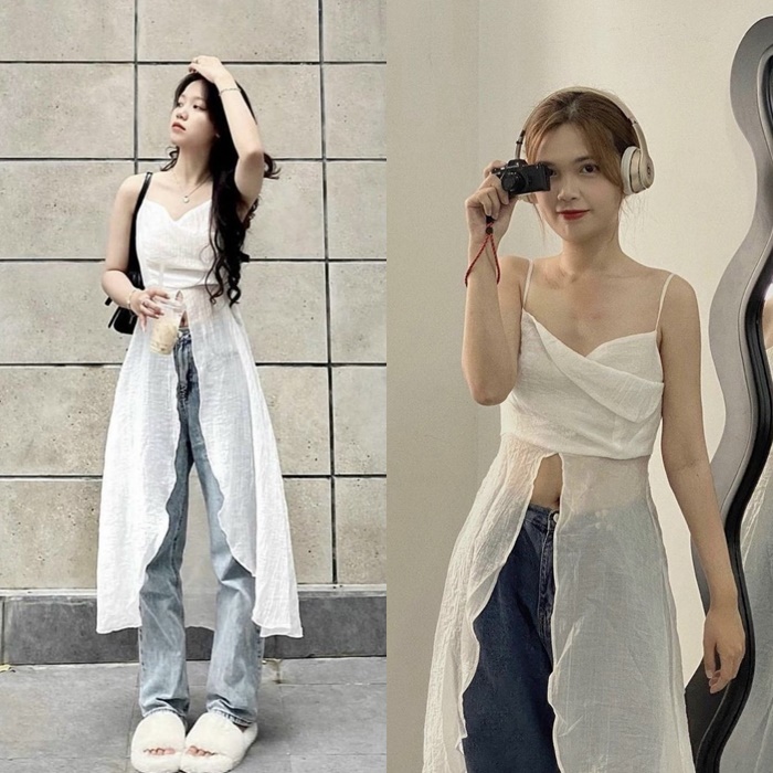 ÁO CROPTOP TÀ DÀI MIDI SUÔNG TRƠN 2 DÂY XẺ TÀ ĐI BIỂN ĐI TIỆC DẠO PHỐ