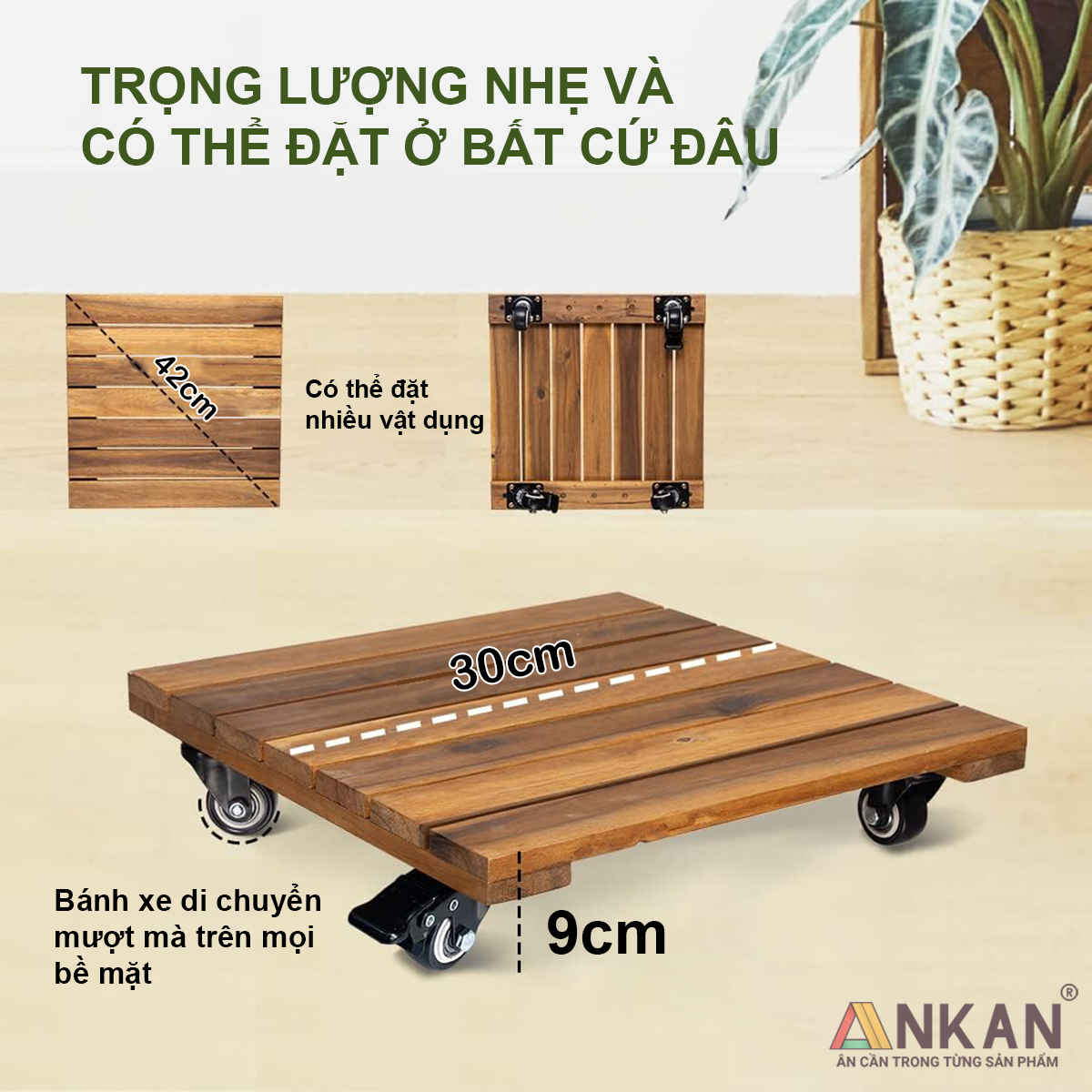 Kệ Để Chậu Cây Có Bánh Xe ANKAN, Đế Để Chậu Cây, Kệ Giá Đỡ Chậu Hoa Cây Cảnh, Hình Vuông Màu Vàng R30 Cm, Tải 150kg