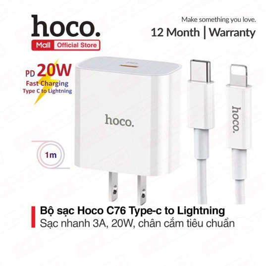 Bộ Sạc Nhanh PD 20W Cho iPhone, iPad Hoco C76 Plus - Chuẩn Type-C To IP- Hàng Chính Hãng