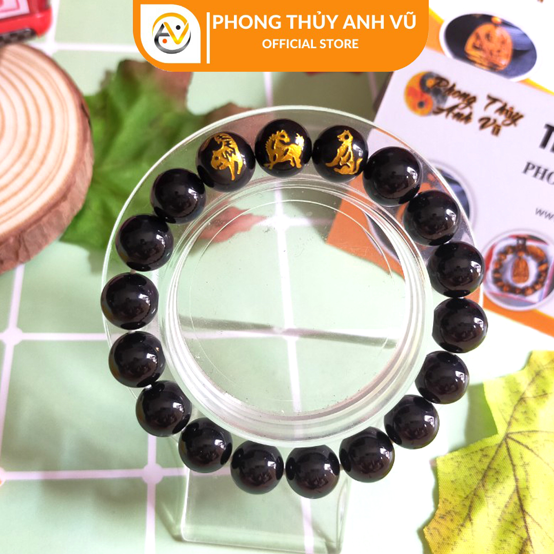 Vòng tay phong thủy tam hợp dần ngọ tuất đã khai quang - chất liệu mã não đen - size 8 10 12ly - may mắn tài lộc - Vòng Tam Hợp Anh Vũ