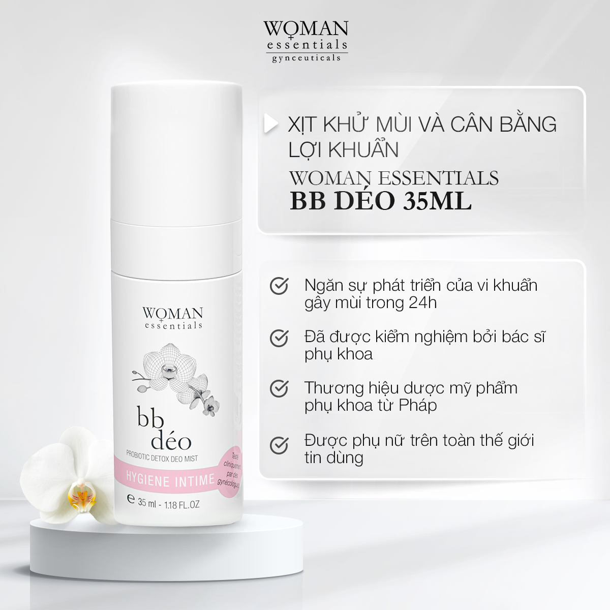 Xịt khử mùi và cân bằng lợi khuẩn vùng v-zone Woman Essentials BB Déo Probitic Detox Deo Mist 35ml