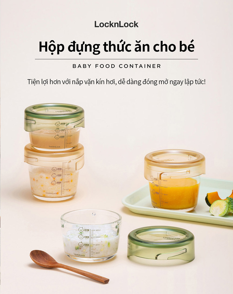 Bộ 3 hộp thủy tinh đựng thực phẩm cho bé LocknLock Baby Food container LLG542S3IVY - 280ml, Nắp vặn chống tràn, chất liệu không BPA an toàn cho trẻ em, có vạch chia - Hàng chính hãng