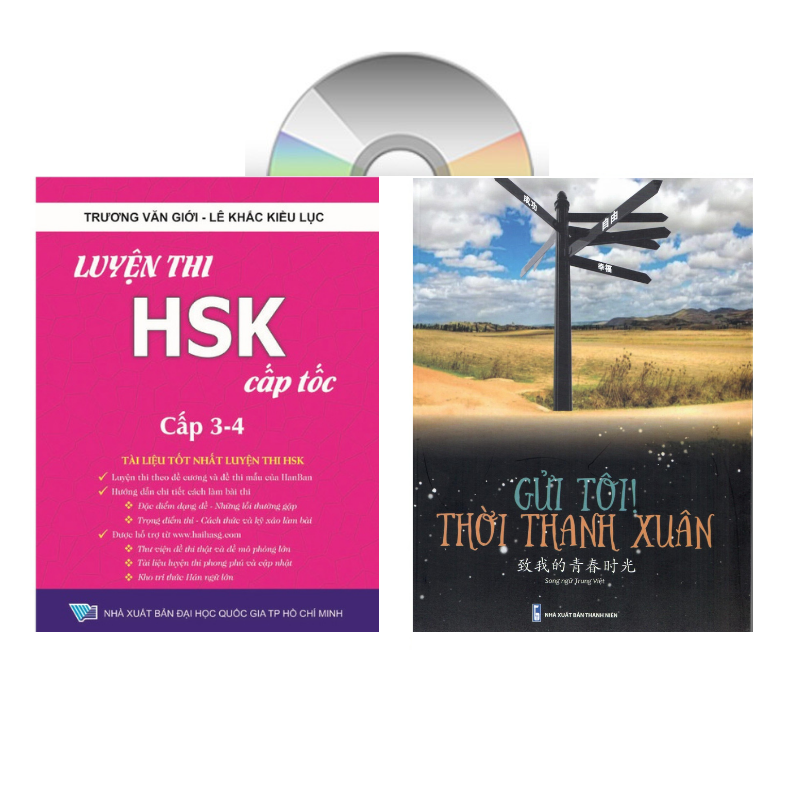 Sách - combo: Luyện thi HSK cấp tốc tập 2 (tương đương HSK 3+4 kèm CD) + Gởi tôi thời thanh xuân song ngữ Trung việt có phiên âm có mp3 nghe +DVD tài liệu