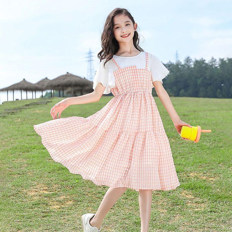 DONGSHOP HOT Cô gái ăn mặc mùa hè 2023 váy trẻ em trung bình lớn phong cách tây kẻ sọc đầm cô gái váy công chúa