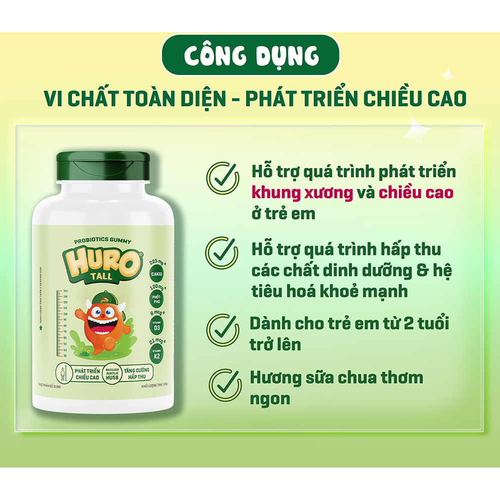 Kẹo dẻo Huro Tall – Giàu Canxi, D3, K2, Photpho và lợi khuẩn giúp phát triển chiều cao cho trẻ em (Hộp 56 viên)