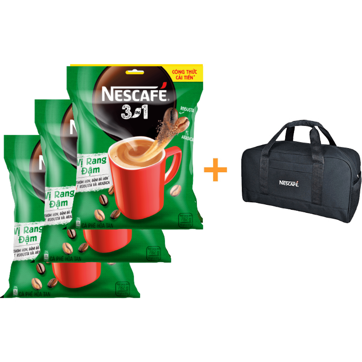 Combo 3 Bịch Cà Phê Rang Xay Hòa Tan Nescafé 3in1 Vị Rang Đậm (Bịch 46 Gói x 17g) - Tặng 1 Túi Du Lịch Màu Ngẫu Nhiên