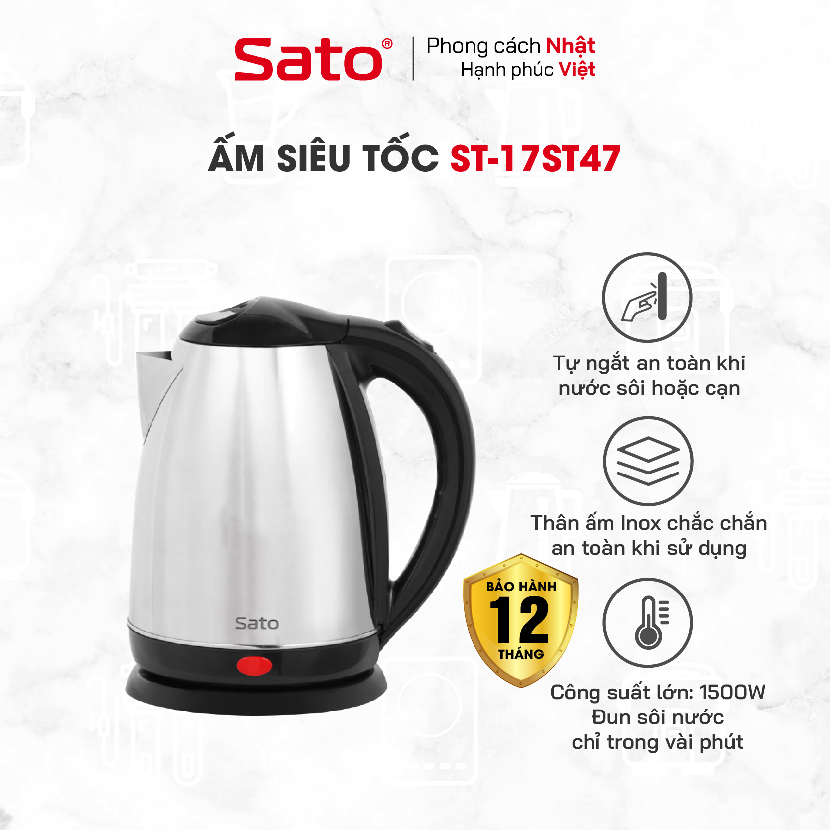 Ấm siêu tốc SATO 17ST47 1.8L - Công suất 1500W đun sôi nước nhanh chóng - Miễn phí vận chuyển toàn quốc -Hàng chính hãng