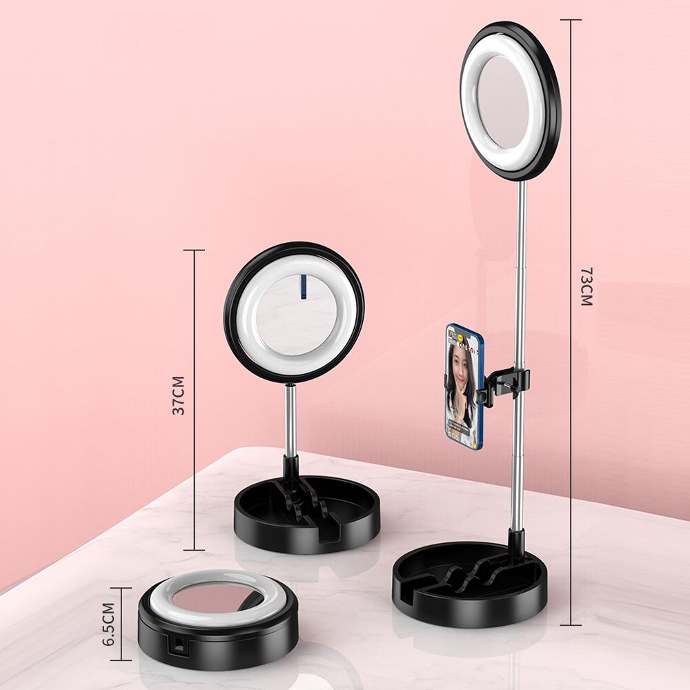 Đèn tự sướng hình tròn di động ánh sáng lấp đầy với gương trang điểm có giá đỡ điện thoại đế tròn 3 màu