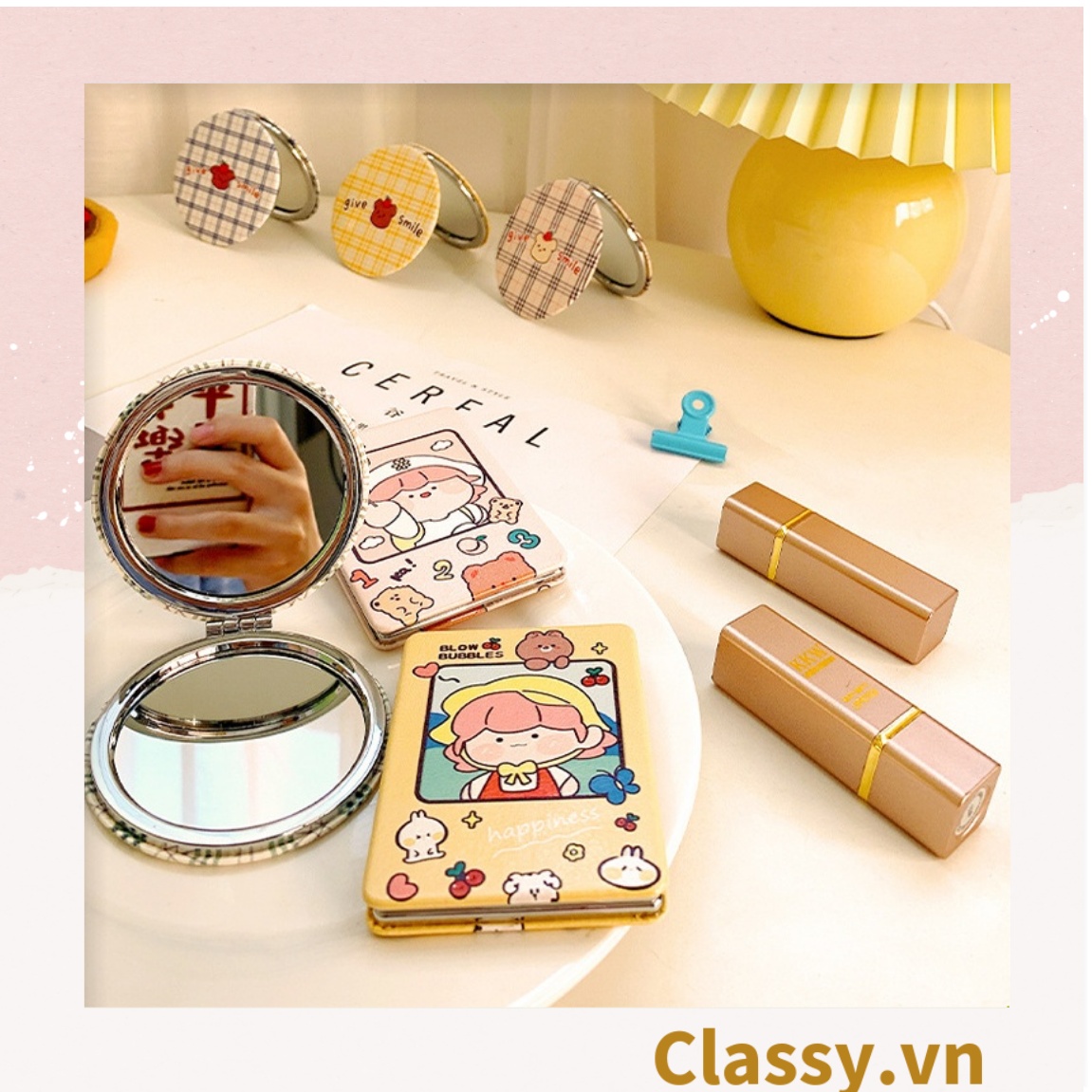 Gương trang điểm cầm tay mini 2 mặt bỏ túi, Gương cầm tay mini Hàn Quốc siêu cute, Gương hoạt hình PK570