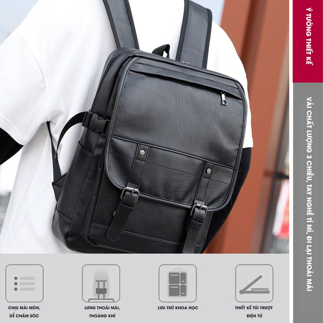 Balo Đi Học Da Chống Nước Cao Cấp Thời Trang Rẻ Đẹp Nhẹ Da Đen Đựng Laptop Đi Chơi Du Lịch Nam Nữ-DRU BL015-hàng chính hãng