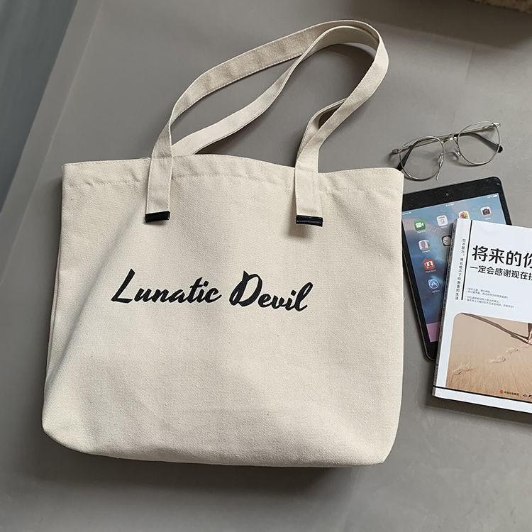 Túi tote túi vải canvas Lunatic Devil phong cách Hàn quốc, có khóa miệng ngăn phụ bên trong tiện dụng