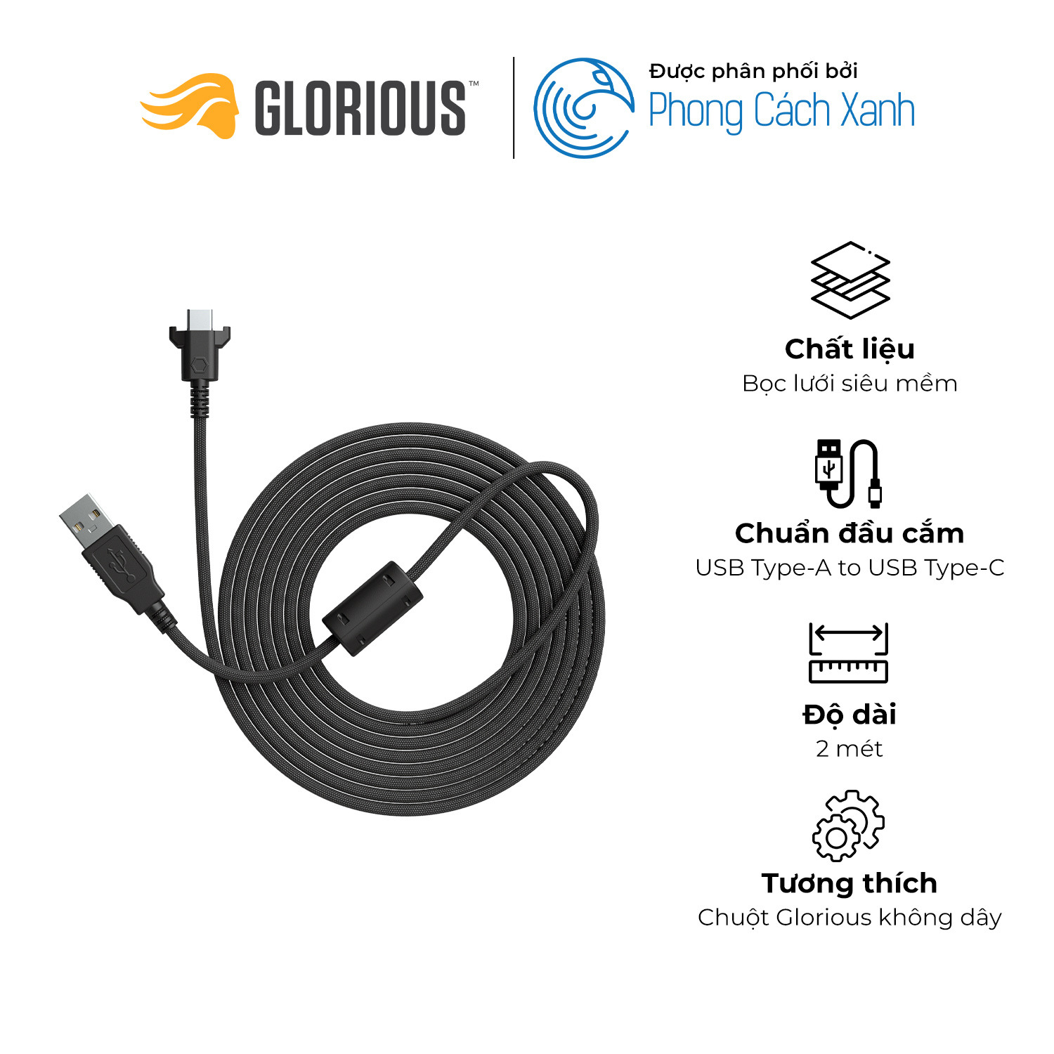 Dây sạc chuột Glorious Ascended Charging Cable - Black - Hàng Chính Hãng