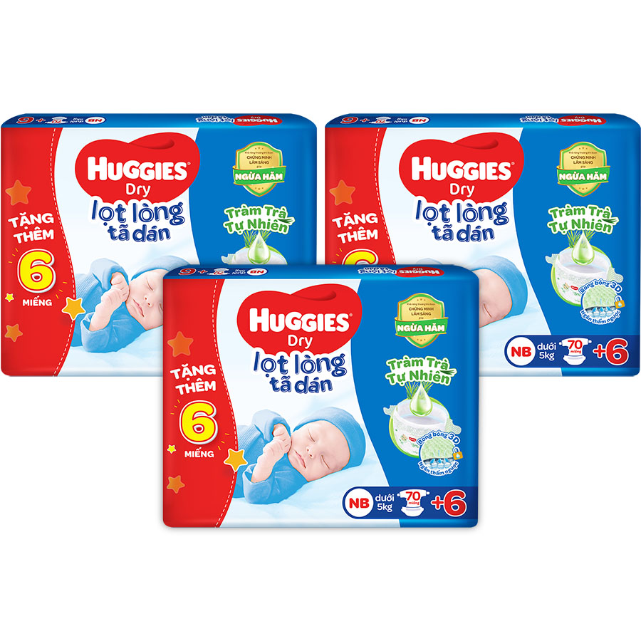 Thùng 3 gói tã dán sơ sinh Huggies Tràm Trà Tự Nhiên NB70 (dưới 5kg) - Gói 70 miếng + Tặng 6 miếng