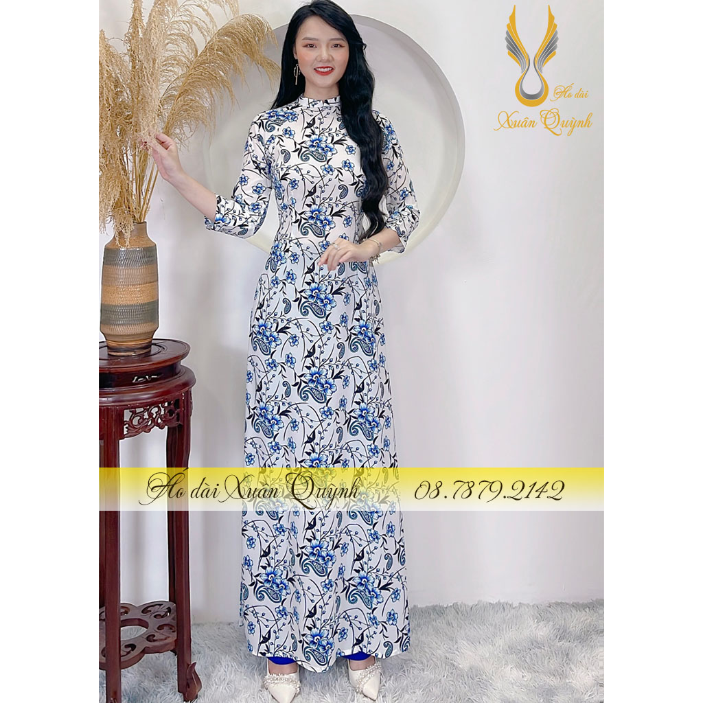 Áo Dài Truyền Thống Hoa Nhí Xanh Cô Ban Thanh Lịch, Duyên Dáng Lụa Habutai Cao Cấp K61
