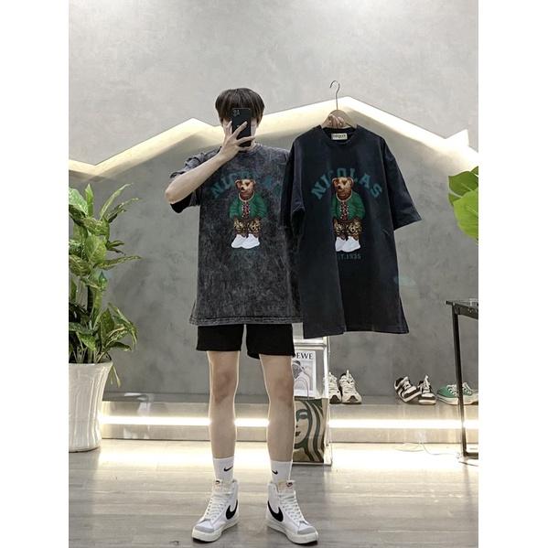 Áo thun tay lỡ áo thun wash 3 màu unisex gấu nicola
