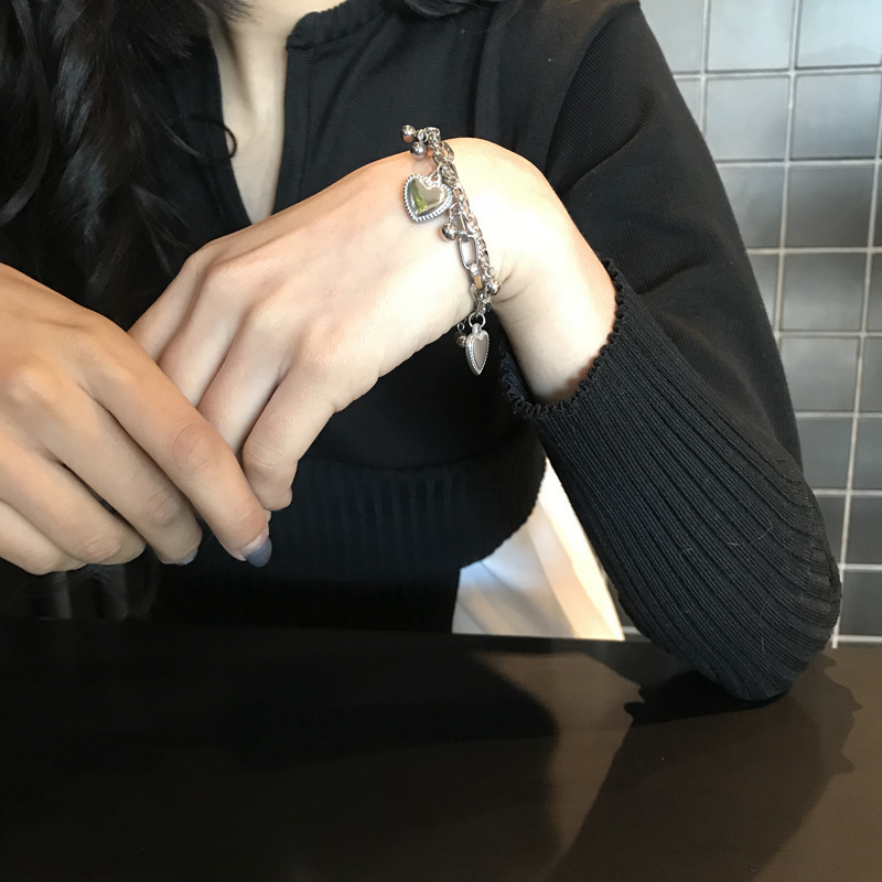 Lắc tay Unisex dây xích kép trái tim quả tròn