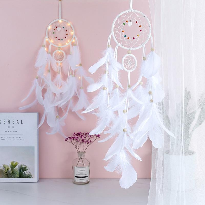 Vòng Dreamcatcher Lông Vũ Có Đèn LED Treo Tường Trang Trí Phòng Ngủ Tặng Kèm Móc Dán Tường