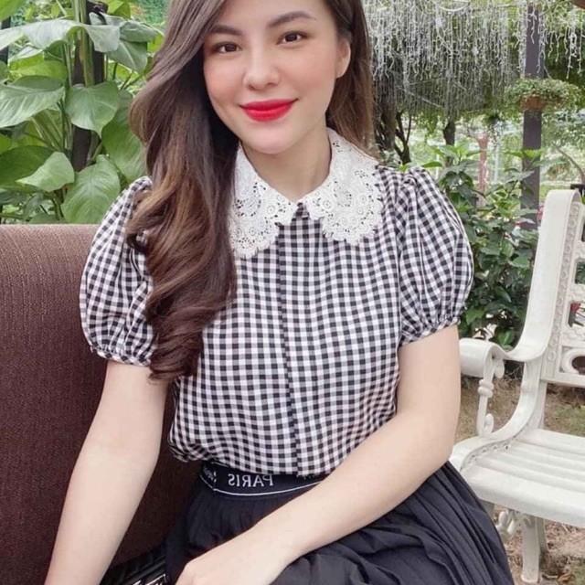 Áo kẻ cổ sen ren nữ A444