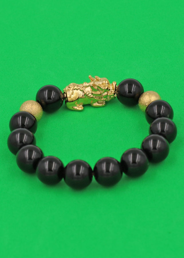 Vòng tay đá Thạch Anh Đen 12 ly - charm Bi vàng - cẩn Tỳ Hưu Phong Thủy inox vàng VTAETHHBV12 - hợp mệnh Thủy, mệnh Mộc