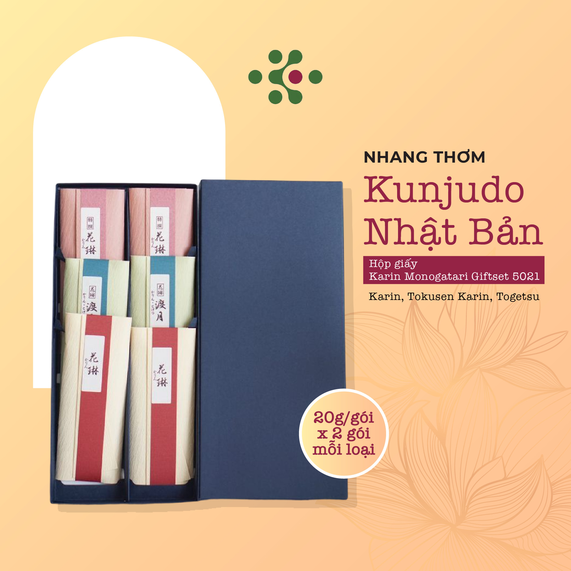 Hộp quà Karin Monogatari Giftset 5021 – 6 gói 3 mùi hương từ thương hiệu nhang thơm cao cấp Kunjudo Nhật Bản
