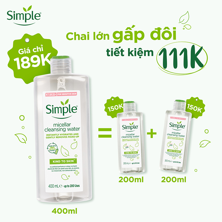 Combo Siêu Tiết Kiệm Simple Tẩy Trang 400ML + Sữa Rửa Mặt 150ML + Nước Hoa Hồng Toner 200ML Cho Da Sạch Khỏe Đàn Hồi -