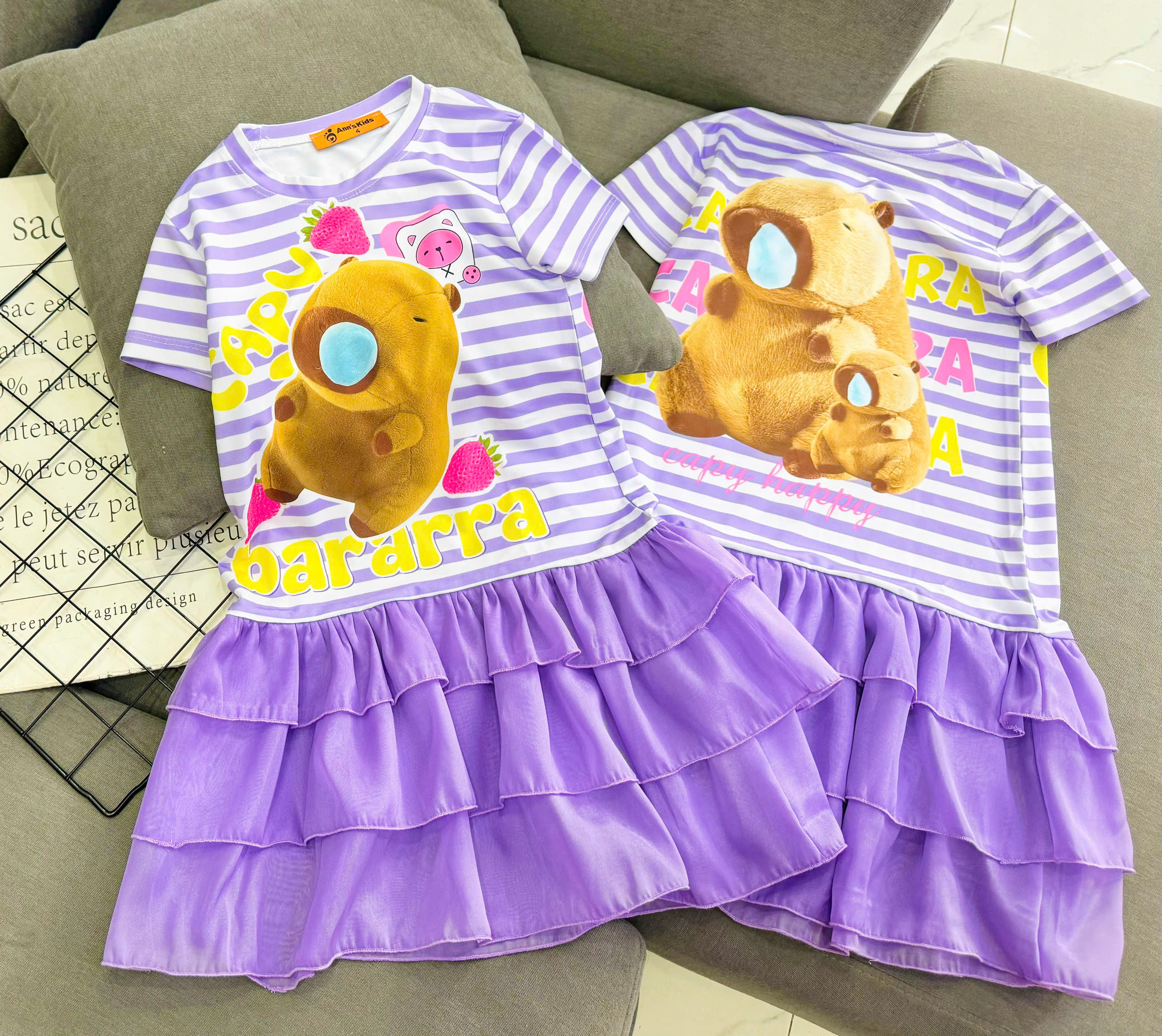 Đầm váy suông cho bé gái diện tết labubu baby three capybara size 12-45kg chất thun lạnh mềm mát