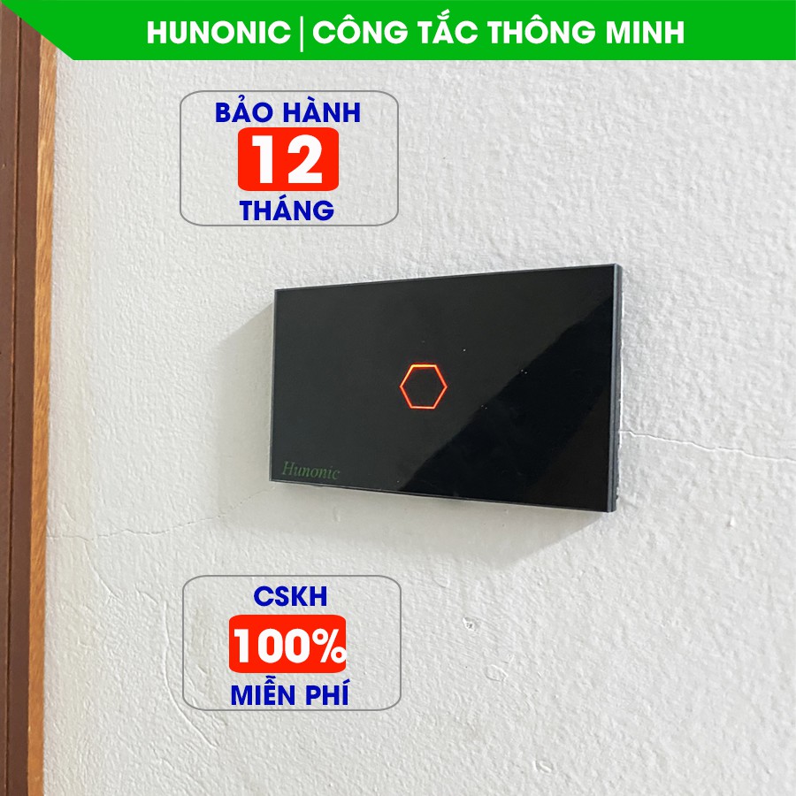 Công tắc thông minh Hunonic 1 nút hỗ trợ Google Assistant . Công tắc cảm ứng WIFI kính cường lực- Công tắc điện 2 màu đen trắng | Hàng Việt Nam Chất Lượng Cao- BH 12 tháng