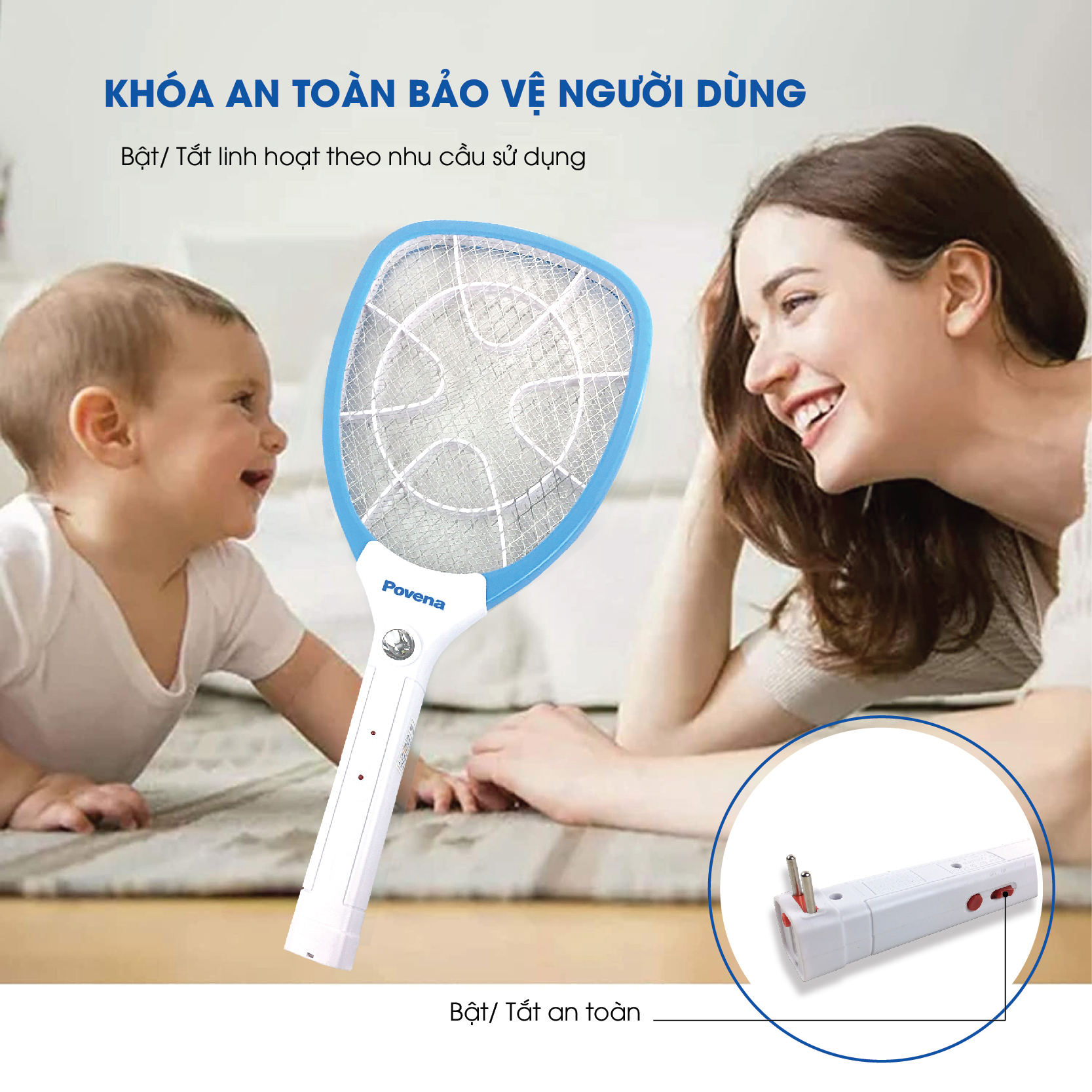 Vợt muỗi POVENA thiết kế tiện dụng màu xanh trắng dễ sử dụng PVN-MQ22 - Hàng chính hãng