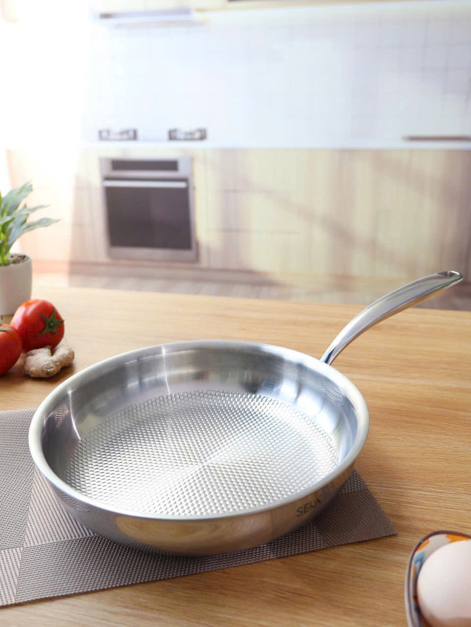 Chảo Inox Vân Kim Cương Seka Nông Lòng 24cm 28cm 3 Lớp Nguyên Khối, Dùng Cho Mọi Loại Bếp - Hàng Chính Hãng