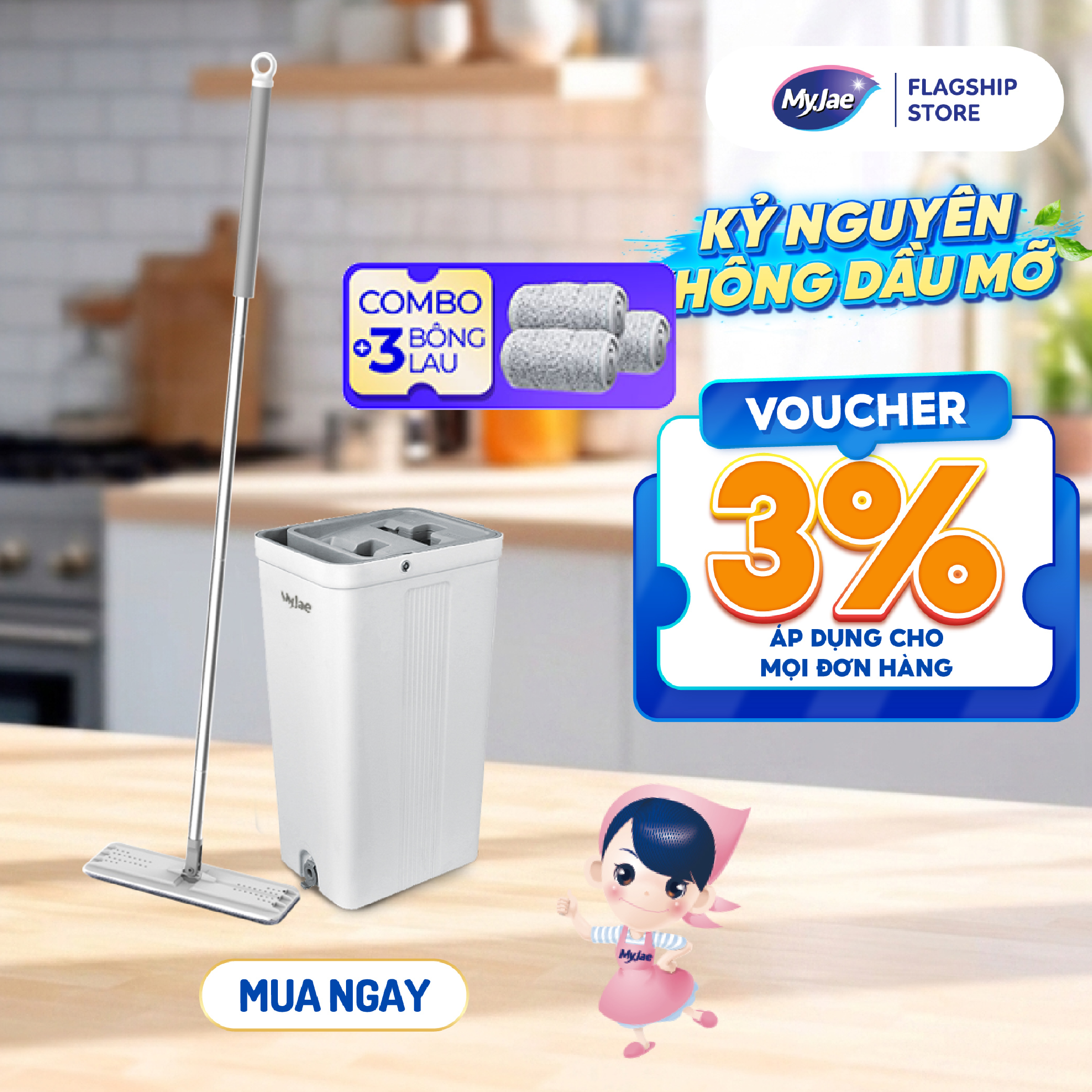Combo 3 Bông Lau  1 Bộ Lau Nhà MyJae Đài Loan Sợi Microfiber 2 Ngăn Tự Vắt Xoay 360 Độ Thông Minh 123cm