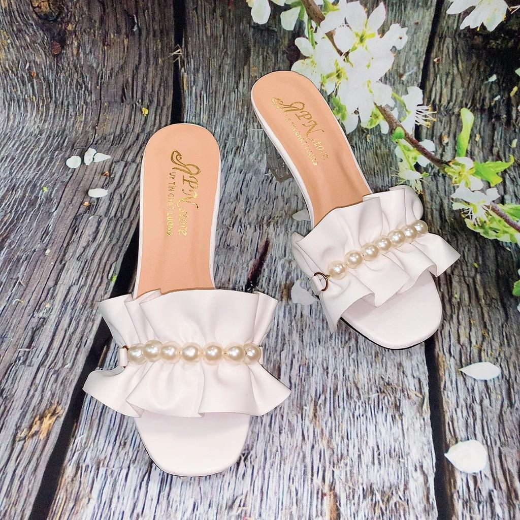Guốc/dép cao gót trong 7p quai dún bèo kết châu tròn