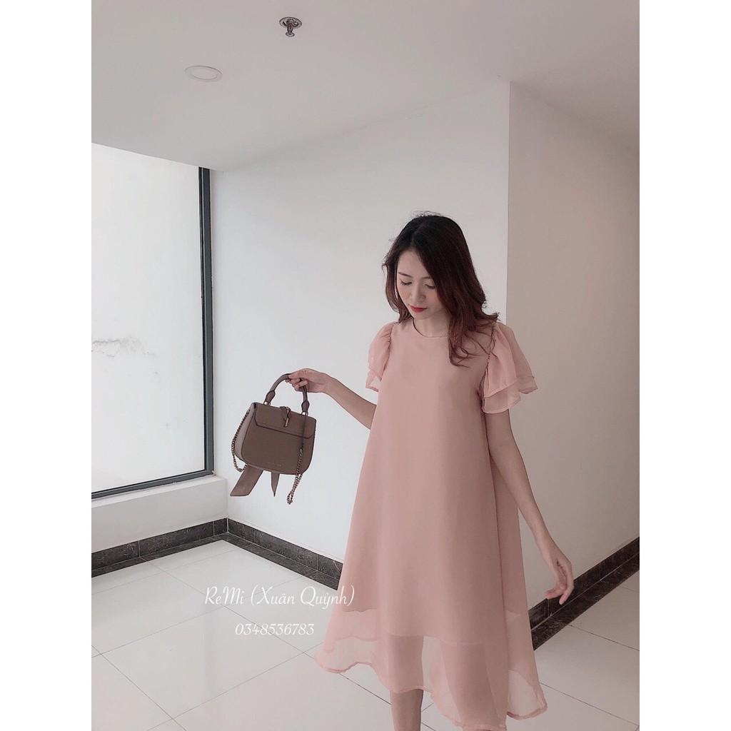 Váy bầu đẹp - Đầm bầu suông-Váy bầu thời trang thiết kế nơ vai sát lách chất voan hai lớp freesize từ 45 đến 70k