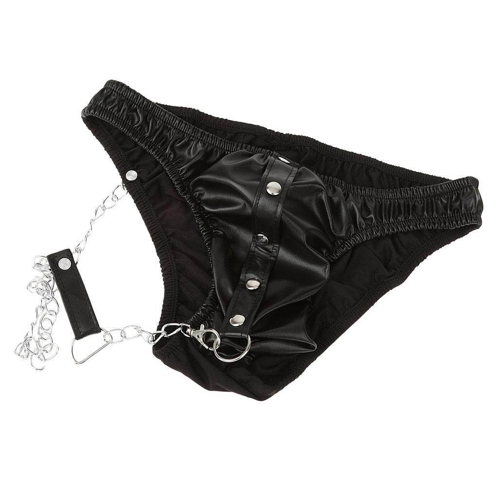 Mens PU leather G-string Underwear Chain Low Rise Briefs Thong Clubwear