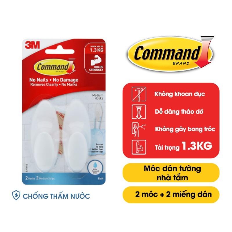 Móc dán tường chống thấm nước Command 3M vỉ 2 cái cỡ vừa chịu lực 1.3kg - Độ bền cao, bám cực chắc, tháo cực dễ BATH18