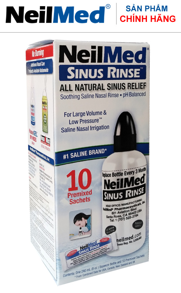 Combo Adult SinusCare : Bình Rửa Vệ Sinh Mũi Xoang Người Lớn NeilMed Sinus Rinse - SX Mỹ, Giải Pháp Tối Ưu hỗ trợ điều trị Viêm Xoang Cấp & Mãn. (Bình 10 gói và Hộp 120 gói muối rửa bổ sung)