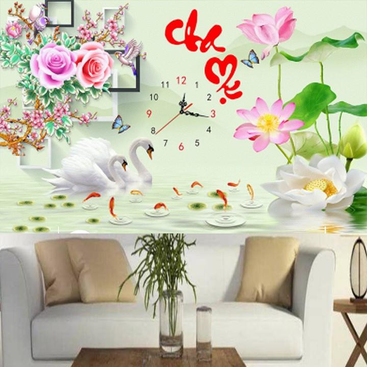 Tranh đá cha mẹ thiên nga hoa sen đồng hồ LG1634 - kích thước: 75 * 50cm.