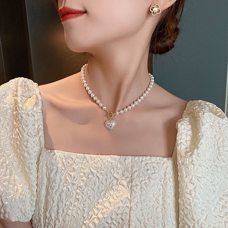 Vòng Cổ Choker Mặt Trái Tim Đính Ngọc Trai Thời Trang Cho Nữ