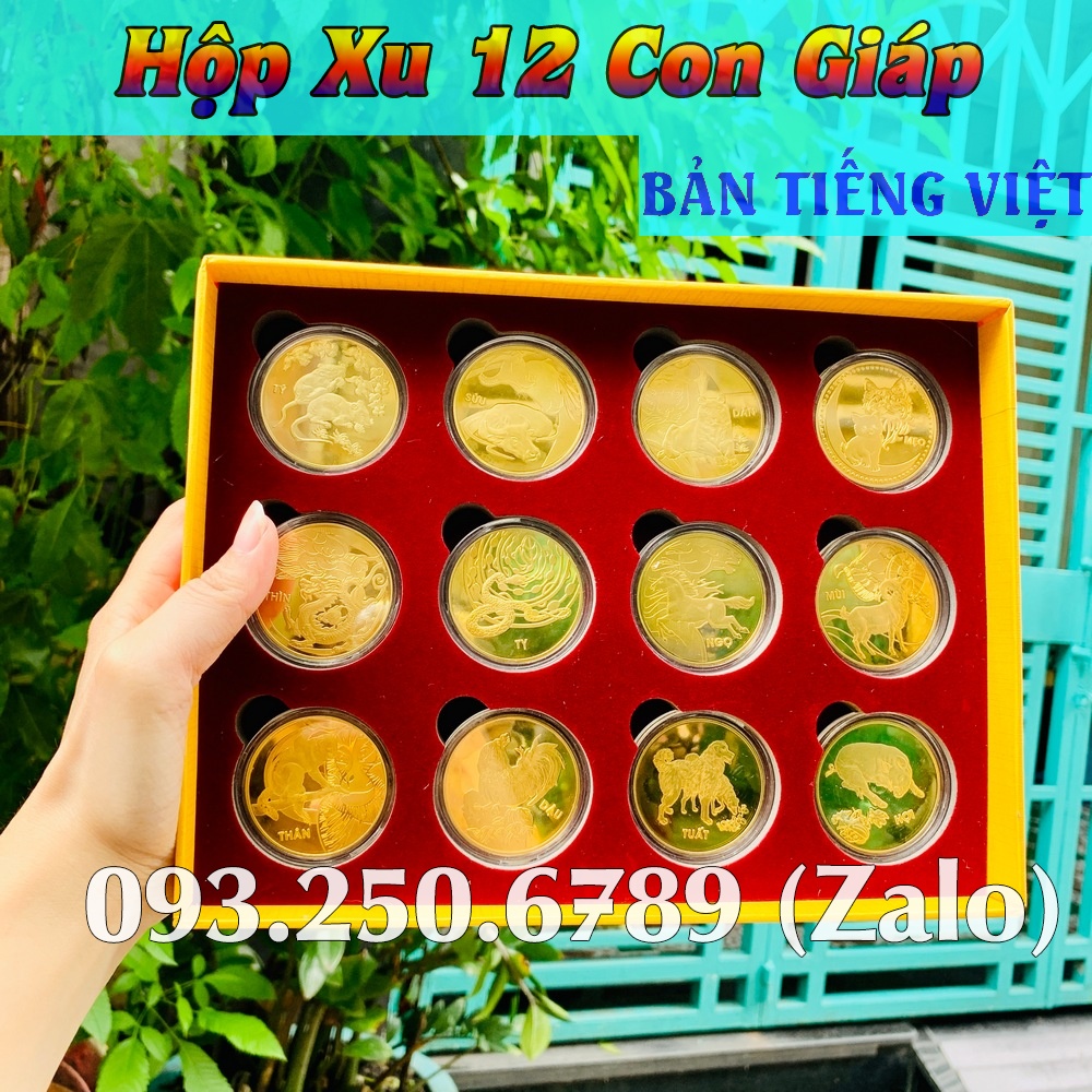 Bộ Đồng Xu 12 Con Giáp Mạ Vàng - Kèm Hộp Đỏ Sang Trọng Phong Thuỷ May Mắn