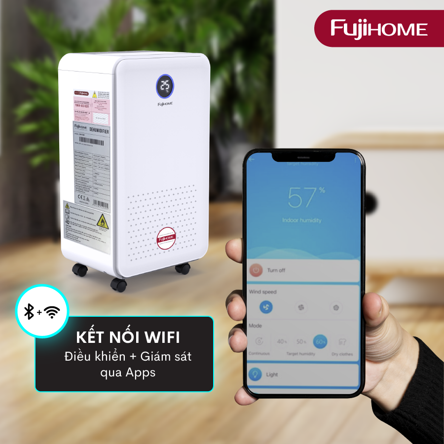 Máy hút ẩm lọc không khí 40m2 Fujihome DH16W, 16 Lít/ ngày, kết nối Wifi điều khiển qua App, đèn cảm biến chất lượng độ ẩm- Hàng chính hãng