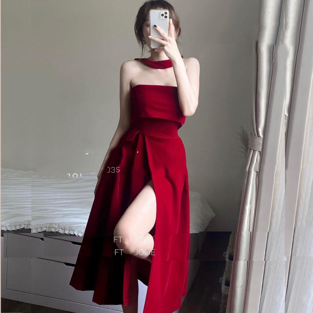 Váy choker dự tiệc đầm nhung xẻ tà dáng dài mẫu mới